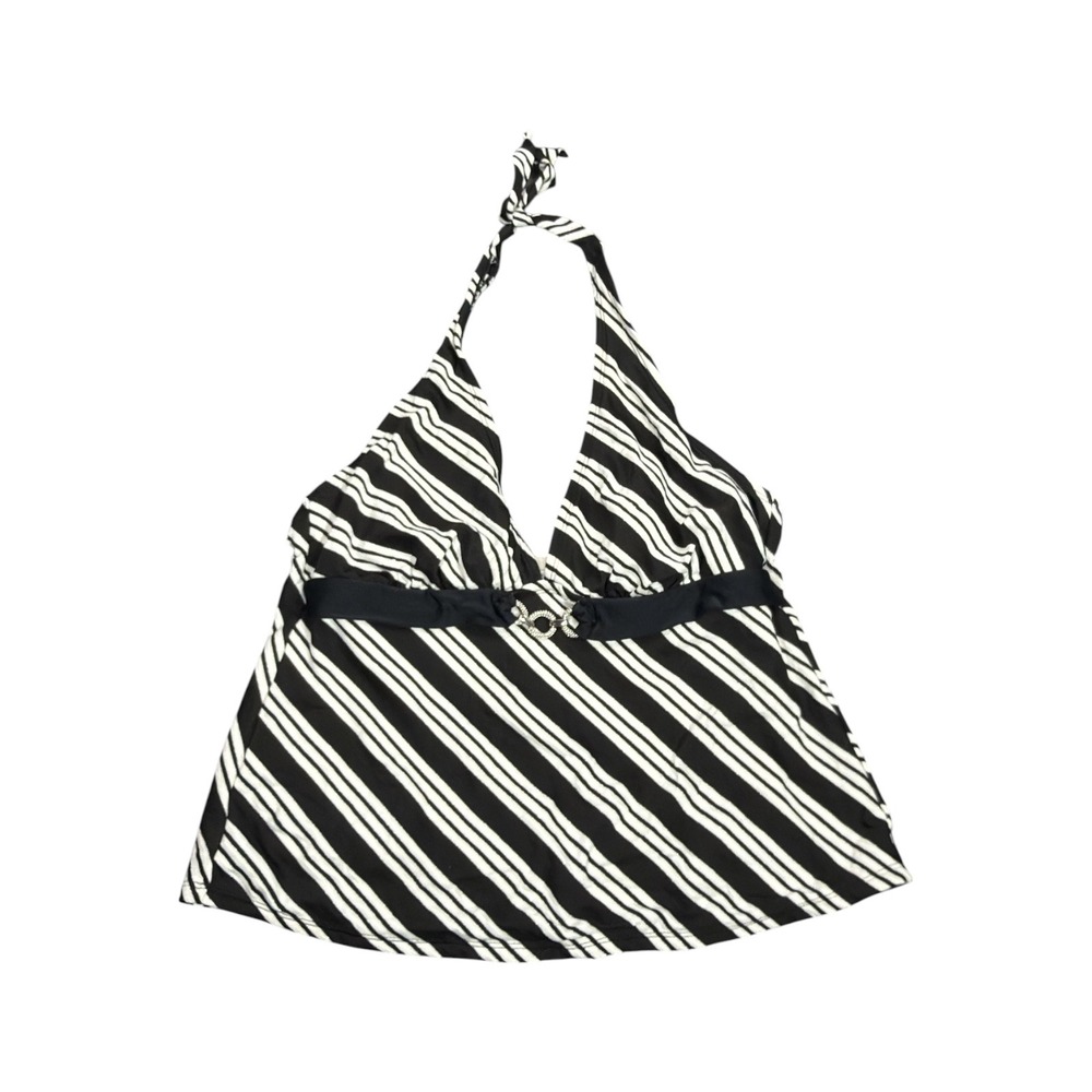 Merona Black White Striped Halter Tankini Top Rhinestone Buckle Size Large